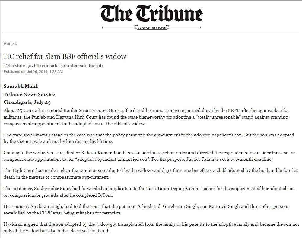 COMPASSIONATE APPOINTMENT EXTENDS TO EVEN THE CHILD ADOPTED BY THE SPOUSE AFTER THE DEATH OF THE...