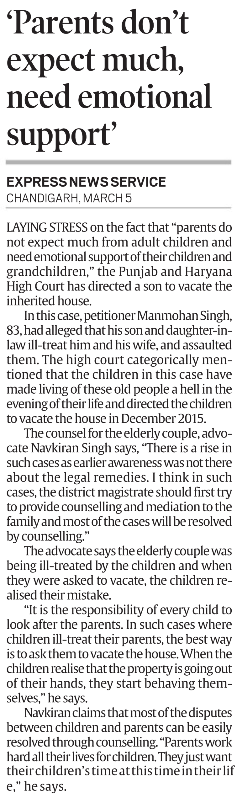 Maintenance and Welfare of Parents and Senior Citizens Act 2007 – Lawyer – High Court