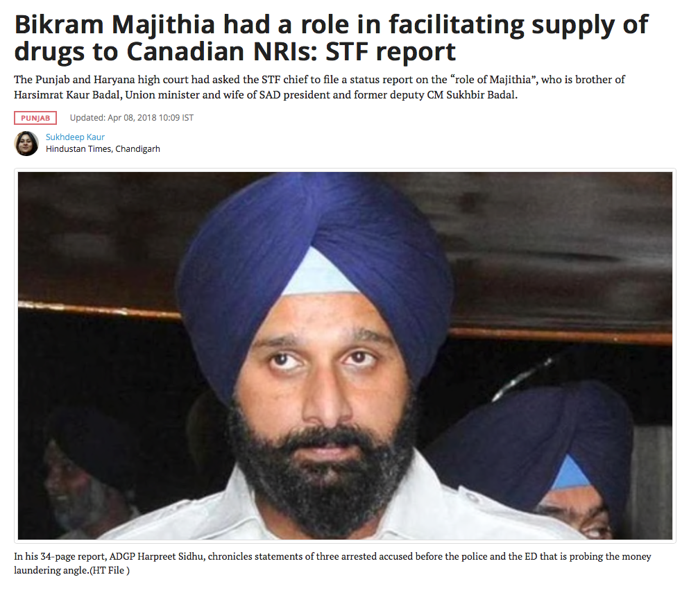 Bikram Majithia had a role in facilitating supply of drugs to Canadian NRIs- STF report