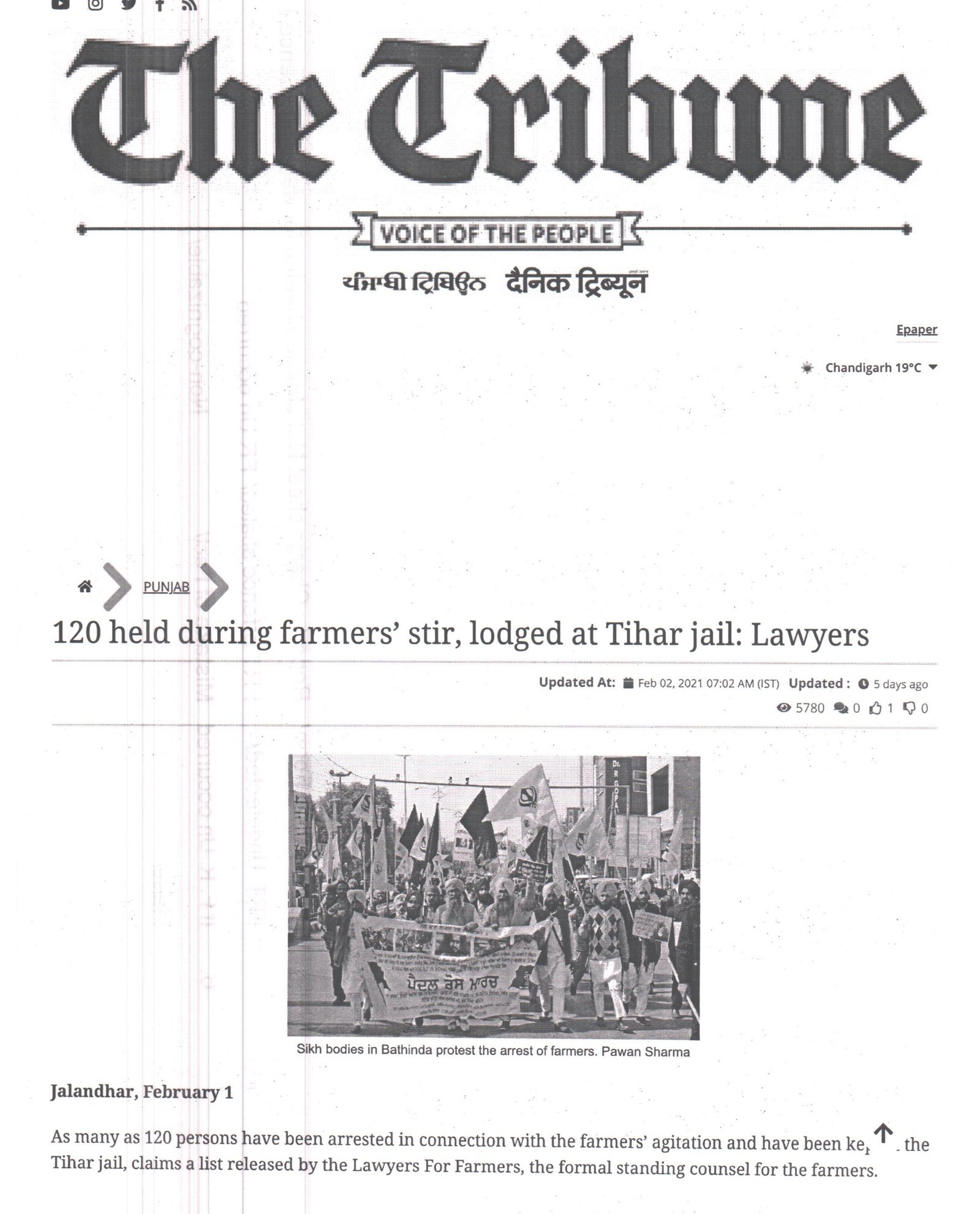 120 held during farmers’ stir, lodged at Tihar jail: Lawyers