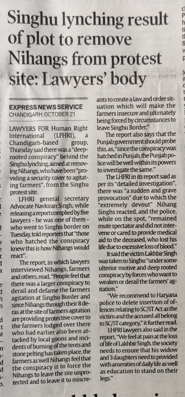 Singhu Lynching result of plot to remove Nihangs from protest site: LFHRI