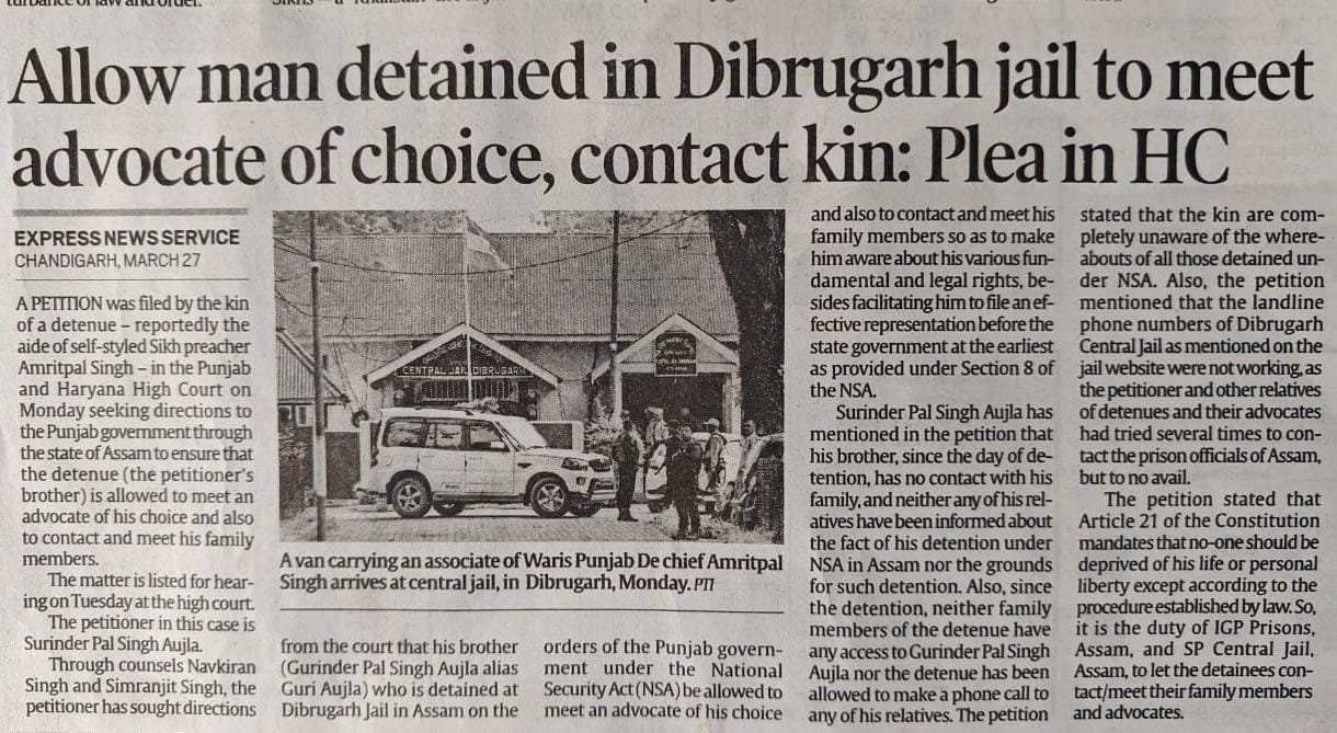 Petition in HC to allow Detainee detained in Dibrugarh jail to meet Advocate of choice, contact kin